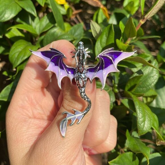 Jewelry - Vintage Inspired Purple Ombré and Silver Dragon Brooch Engraved Detailing